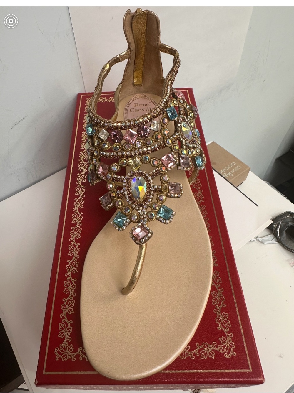 Rene Caovilla Gold Jeweled T-Strip Sandal - Gold 38 1/2